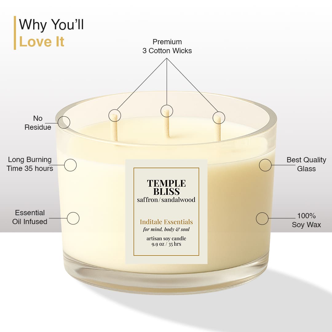 Temple Bliss - Divine VIBHUTI Sandal Candle with 3 Wick by Inditale